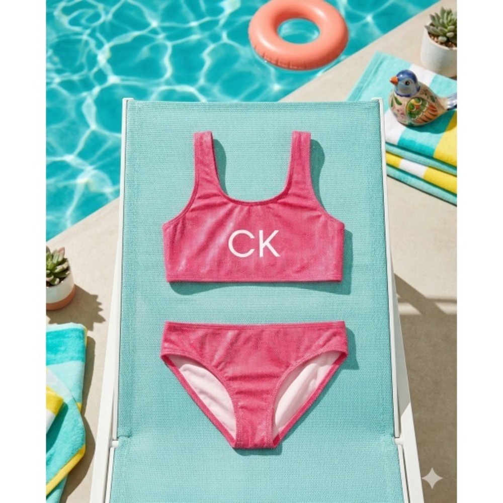 Calvin Klein Girls Pink‎ Glo Shimmer Bikini Set Size M
